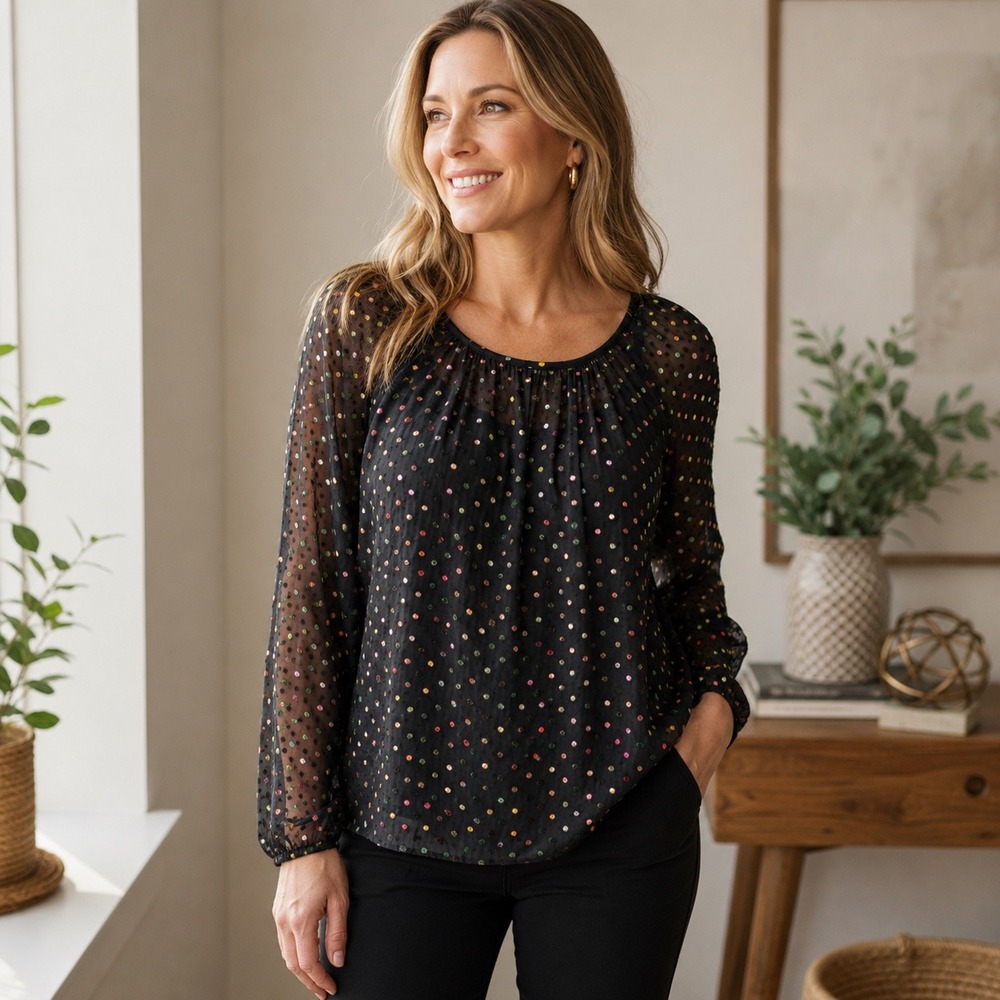 J.Crew Clip Dot Polka Dot Sheer Blouse Womens Small Black Multicolor Top